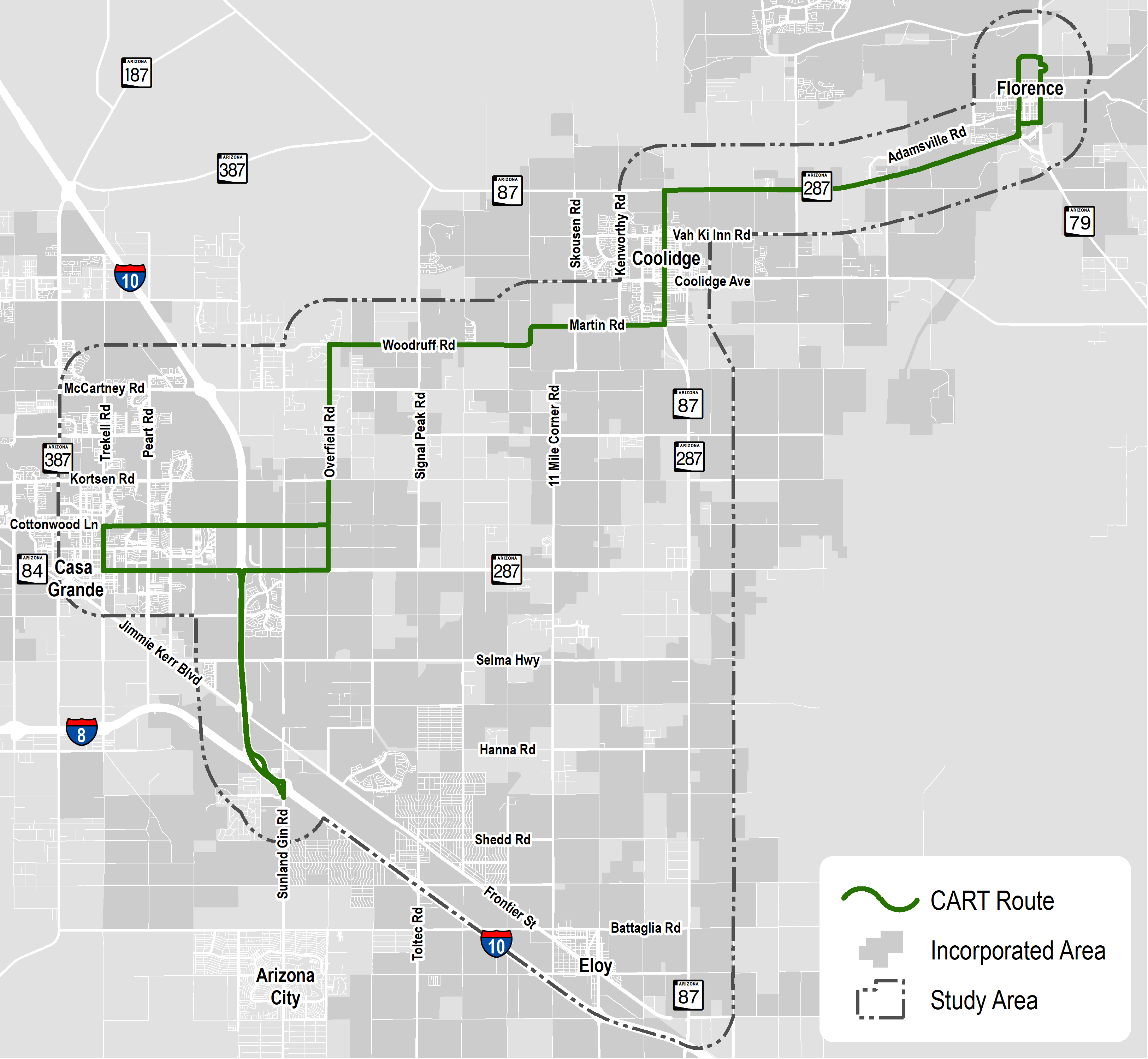 This map demonstrates the Study Area of the CART Route Optimization Study.